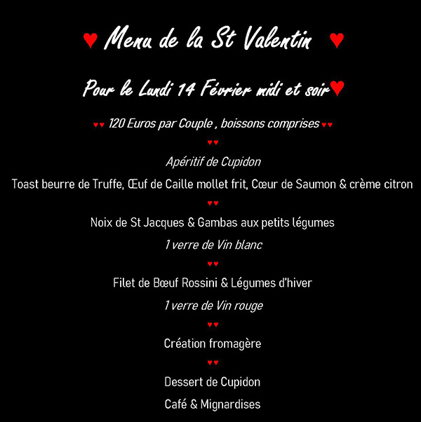 Menu de la Saint Valentin 2022 - 120 € par couple - Lundi 14 Février midi et soir