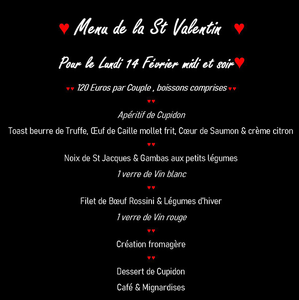 Menu de la Saint Valentin 2022 - 120 € par couple - Lundi 14 Février midi et soir